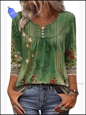 3/4 Sleeve V-Neck Tunic Blouse Floral Print Business Casual Loose Fit